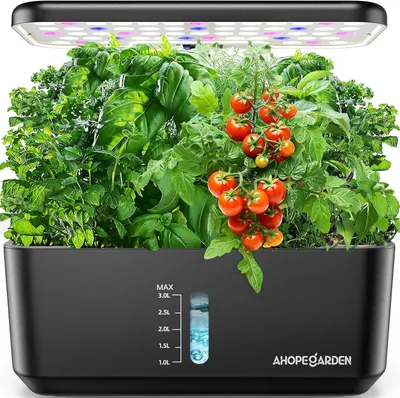 Demonstrates the product actively growing fresh herbs and tomatoes indoors, showing shoppers the functional capability of the hydroponic garden system with its integrated LED lighting and water…