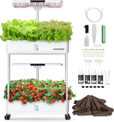 Shows the complete hydroponic garden system with all included components, demonstrating what the buyer receives and how the system looks when set up with plants growing. Displays all the included…