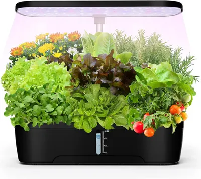 Shows the complete hydroponic garden system with thriving plants to demonstrate what the product looks like when in use and the variety of plants it can grow. Demonstrates the product actively…