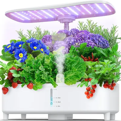 Shows the complete hydroponic garden system with LED grow light actively growing various plants, demonstrating what the buyer receives and how it looks when fully operational. Demonstrates the…
