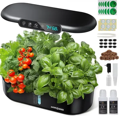 Shows the core product—an indoor hydroponic garden system with LED grow light—fully assembled and growing fresh herbs and tomatoes, demonstrating what the buyer receives and what it looks like in…