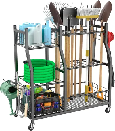 Displays the complete garden tool storage rack system with all its organizational features to show shoppers exactly what they will receive and how it can organize their gardening equipment. Shows…