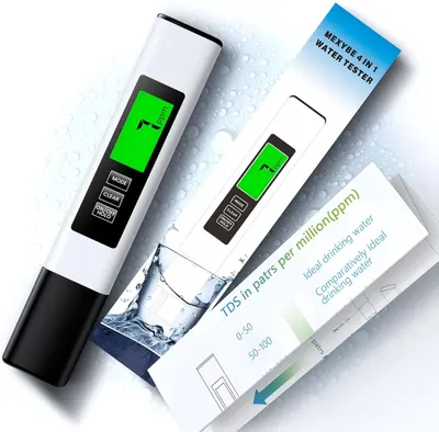 Shows the core product, a digital water testing device with LCD display, alongside its retail packaging to communicate what the buyer will receive and the product's professional testing…