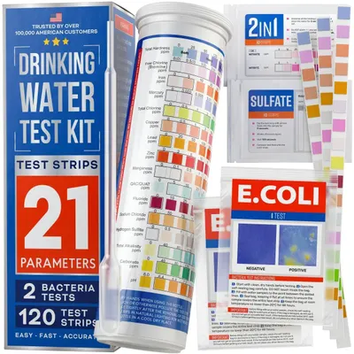 Displays the complete drinking water test kit including the packaging box and test strips to show shoppers exactly what they will receive and communicate the comprehensive testing capabilities.…