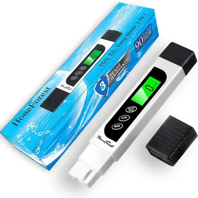 Shows the core product—a handheld water quality testing meter with digital display and control buttons—alongside its retail packaging to communicate what the buyer will receive and how the device…