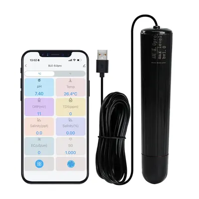 Shows the complete water quality monitoring system including the probe sensor, USB cable, and smartphone app interface to communicate the product's comprehensive testing capabilities and digital…