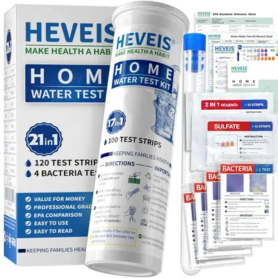 Displays the complete home water testing kit including the bottle of test strips and instruction cards to show shoppers exactly what they will receive and communicate the comprehensive testing…