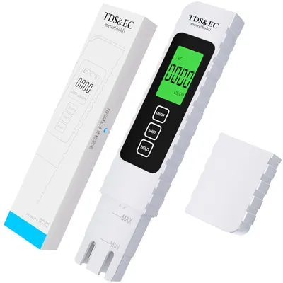 Shows the core product, a TDS and EC water quality meter with digital display, alongside its retail packaging to communicate what the buyer will receive. Displays the retail packaging box with…