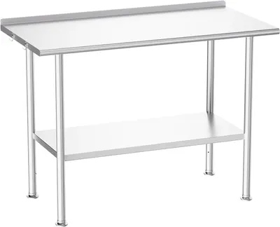 Displays the core product clearly on a white background to show its construction, materials, and design features including the stainless steel surface, lower shelf, and raised backsplash.
