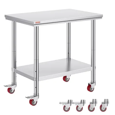 Shows the core product clearly - a commercial-grade stainless steel work table with casters for mobility, highlighting its professional construction and two-tier design. Displays the four included…