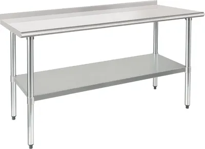 Displays the core product, a commercial-grade stainless steel work table with two shelves and a backsplash, clearly showing its construction and design to help shoppers evaluate its suitability for…