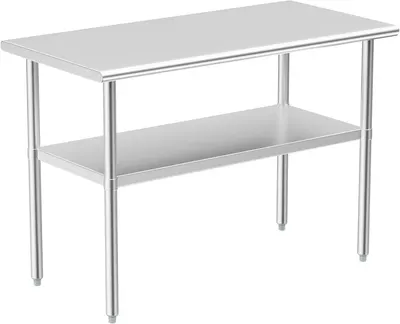 Displays the core product clearly on a white background to show the stainless steel construction, two-tier design, and adjustable feet for commercial or home kitchen use.