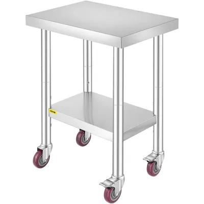 Displays the core product clearly on a white background to show its construction, materials, and design features including the two-tier shelving and mobility casters.