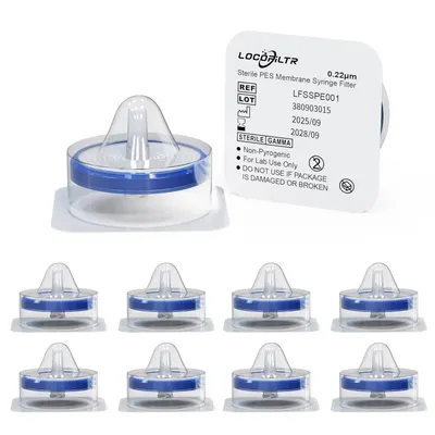 Shows the core product, a sterile PES membrane syringe filter, in a multi-pack format with packaging details visible to communicate what the buyer receives and key product specifications. Displays…
