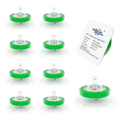 Shows the core product—multiple sterile membrane syringe filters—clearly displayed to communicate what the buyer receives in the purchase. Displays the retail packaging label with brand name,…