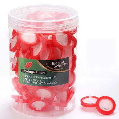 Shows the core product—a container of 100 syringe filters—clearly displayed to communicate what the buyer will receive. Displays the retail packaging with product label showing brand,…