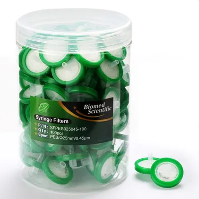 Shows the core product—a container of 100 syringe filters—clearly displayed with one filter outside the jar to demonstrate what the individual item looks like. Communicates quantity and product…