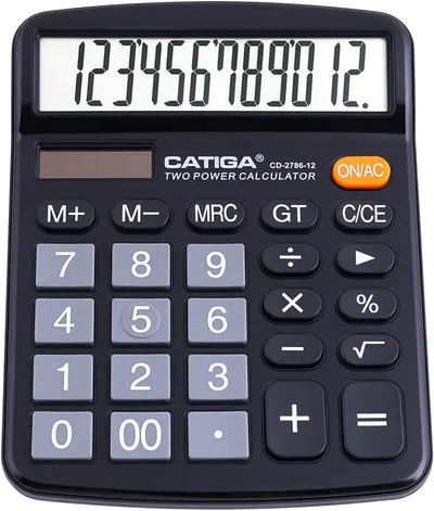 Shows the calculator product clearly with its key features visible including the large 12-digit display, dual power capability, and easy-to-read button layout to help shoppers understand what they…