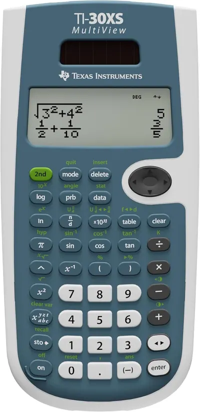 Shows the TI-30XS MultiView calculator as the core product with its screen displaying mathematical equations to communicate its functionality as a scientific calculator for students and professionals.