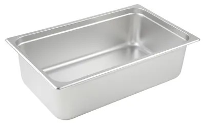 Displays the core product, a stainless steel food pan or container, in a clean catalog style to show its shape, size, and material quality.