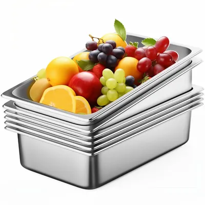 Displays the core product, a set of stainless steel food pans shown stacked together with fresh fruit to demonstrate size and food storage capability. Uses colorful fresh fruit as a visual prop to…