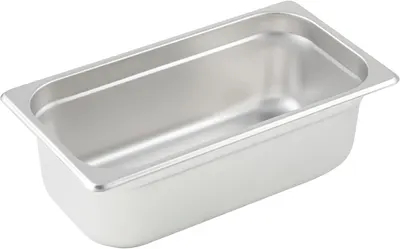 Displays the core product clearly on a white background to show the stainless steel construction, rectangular shape, and depth of the food pan for commercial or home kitchen use.