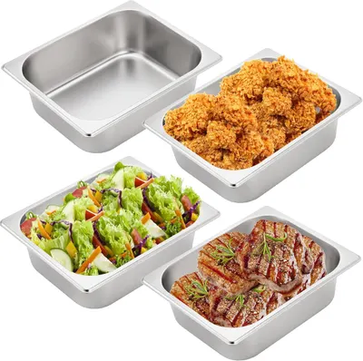 Shows the core product—a set of stainless steel food pans—clearly displayed with food to demonstrate their intended use in food service or catering applications. Demonstrates the product's function…