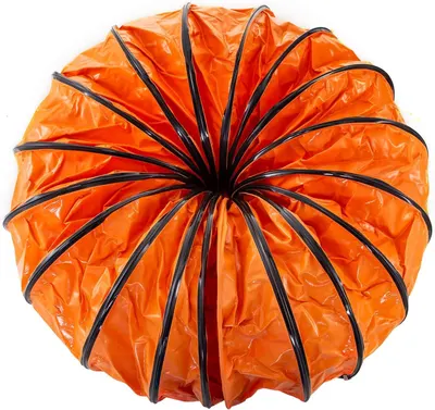 Shows the core product, a flexible collapsible duct or tube with reinforced ribs, demonstrating its accordion-style construction and bright orange color for visibility. Uses a subtle drop shadow…