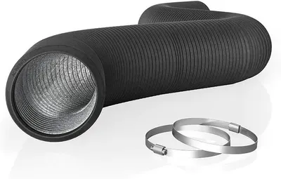 Shows the core product, a flexible expandable duct hose with visible ribbed construction, to communicate its primary form and structure. Displays the metal hose clamps included with the duct to…