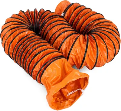 Shows the core product, a flexible orange ducting hose with black spiral reinforcement, demonstrating its collapsible accordion-style construction for ventilation or airflow applications.…