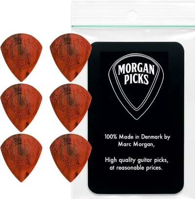 Shows the core product—six wooden guitar picks with Ken Hammer branding—alongside the Morgan Picks branded package to communicate what the buyer receives. Displays the Morgan Picks branded package…