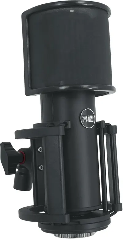 Displays the core product clearly on a white background to show the microphone's design, build quality, and included pop filter attachment for professional audio recording.