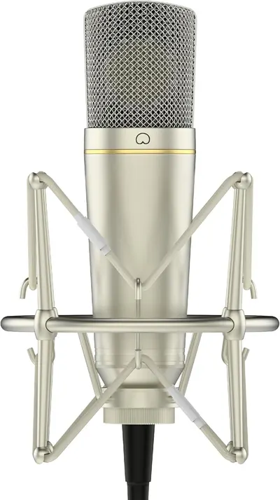 Displays the core product—a professional studio microphone with its shock mount—in a clean catalog presentation to show shoppers exactly what they will receive. Shows that the microphone comes with…