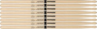 Displays the core product, a multi-pack of eight identical Promark drumsticks with Neil Peart signature and Shira Kashi Oak material specification, allowing shoppers to see the branding, wood…