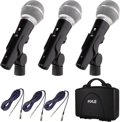 Shows the complete microphone kit including three identical microphones with stands, cables, and carrying case to communicate the full value and contents of the purchase. Demonstrates that the…