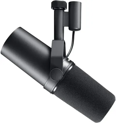 Displays the core product clearly on a white background to show the microphone's professional design, build quality, and included mounting hardware.