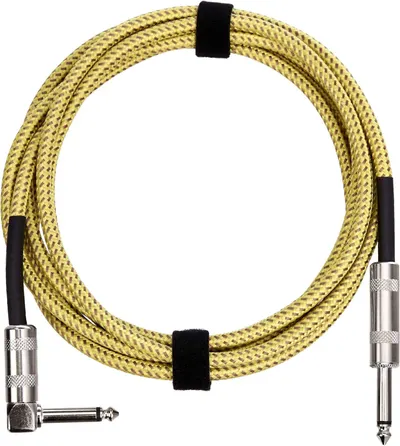 Shows the core product—a braided instrument cable with professional-grade connectors—clearly displayed to communicate quality construction and what the buyer will receive.