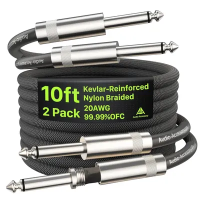 Displays the core product—two 10ft audio cables—with clear visibility of the durable braided construction and professional-grade metal connectors to communicate quality and reliability. Shows the…