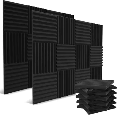 Displays the core product—acoustic foam panels in various patterns (wedge and ridge)—to show shoppers what they are purchasing and the variety included in the set.