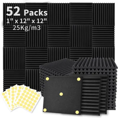 Shows the complete set of 52 acoustic foam panels in various textures along with mounting adhesive dots, communicating the quantity and what is included in the purchase. Demonstrates that the…