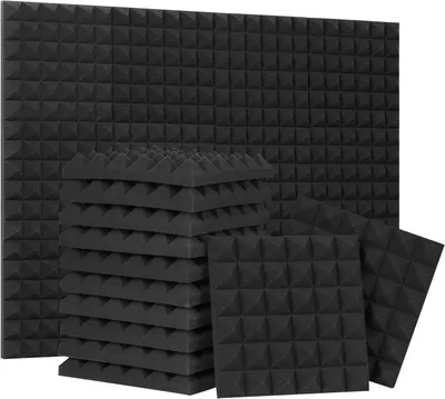 Shows the core product—acoustic foam panels with pyramid texture—in a multi-pack format to communicate quantity and value to shoppers looking for soundproofing or acoustic treatment solutions. Uses…