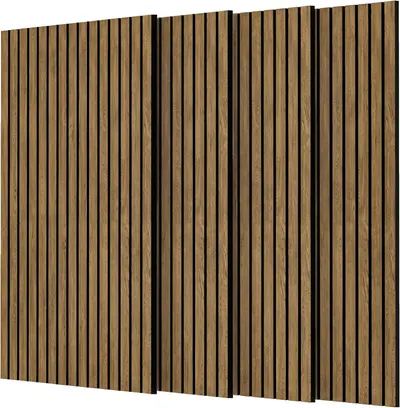 Displays the core product—decorative wood slat wall panels—clearly showing the vertical slat design and natural wood grain finish to help shoppers visualize the aesthetic and material quality.