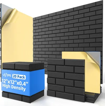 Shows the core product—self-adhesive foam brick wall tiles—with the peel-away backing visible to communicate ease of installation and the brick texture pattern. The blue cube label displaying pack…