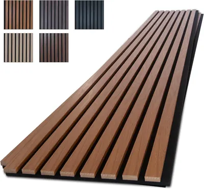 Shows the core product clearly with its slatted panel construction and wood-grain finish to communicate the design and aesthetic of the item. Displays five different color variations available for…