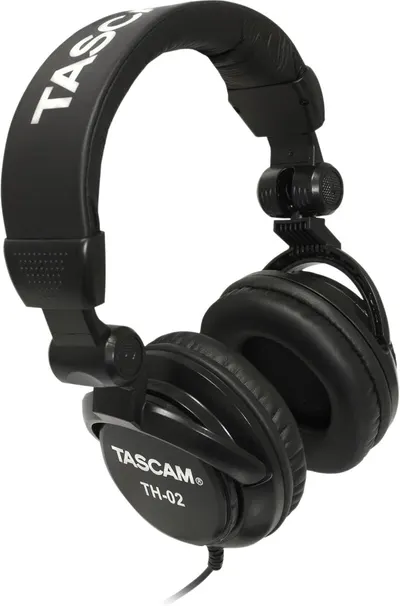 Displays the core product clearly on a white background to show the design, branding, and build quality of the TASCAM TH-02 headphones.