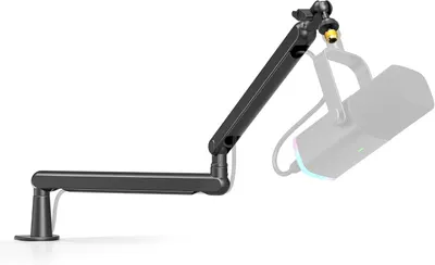 Shows the core product, an adjustable articulating arm mount designed to hold VR headsets, demonstrating its extended reach and positioning capability. Demonstrates how the mount functions with its…