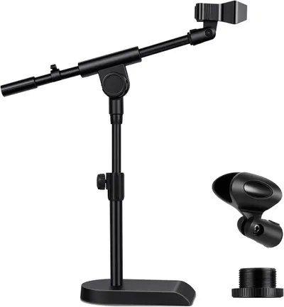 Displays the complete microphone stand system with phone holder and mounting accessories to show shoppers exactly what they will receive and how the adjustable components work together. Shows the…
