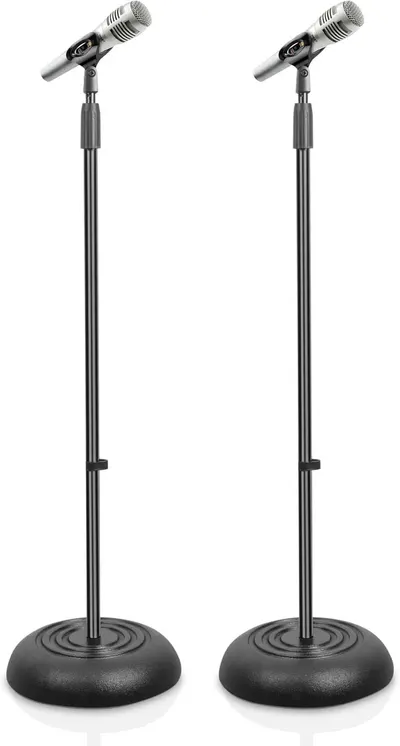 Shows two identical microphone stands with microphones to communicate that this is a 2-pack set, providing clear visibility of the complete product including the adjustable stand, mount, and…
