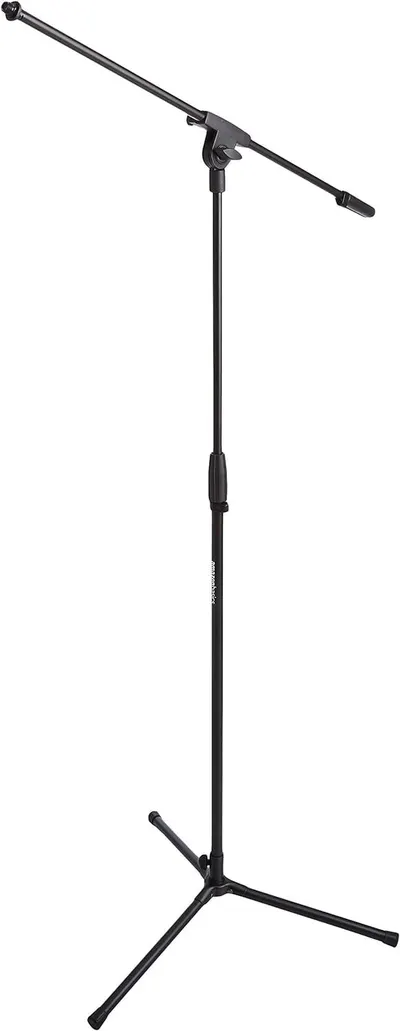 Shows the complete microphone stand with its adjustable boom arm and tripod base to communicate the product's professional design and versatility for recording or performance use.