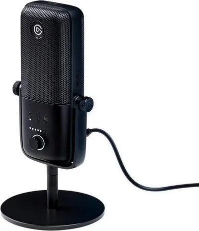Displays the core product clearly on a white background to show the microphone's professional design, control features, and included desktop stand for streaming or recording.